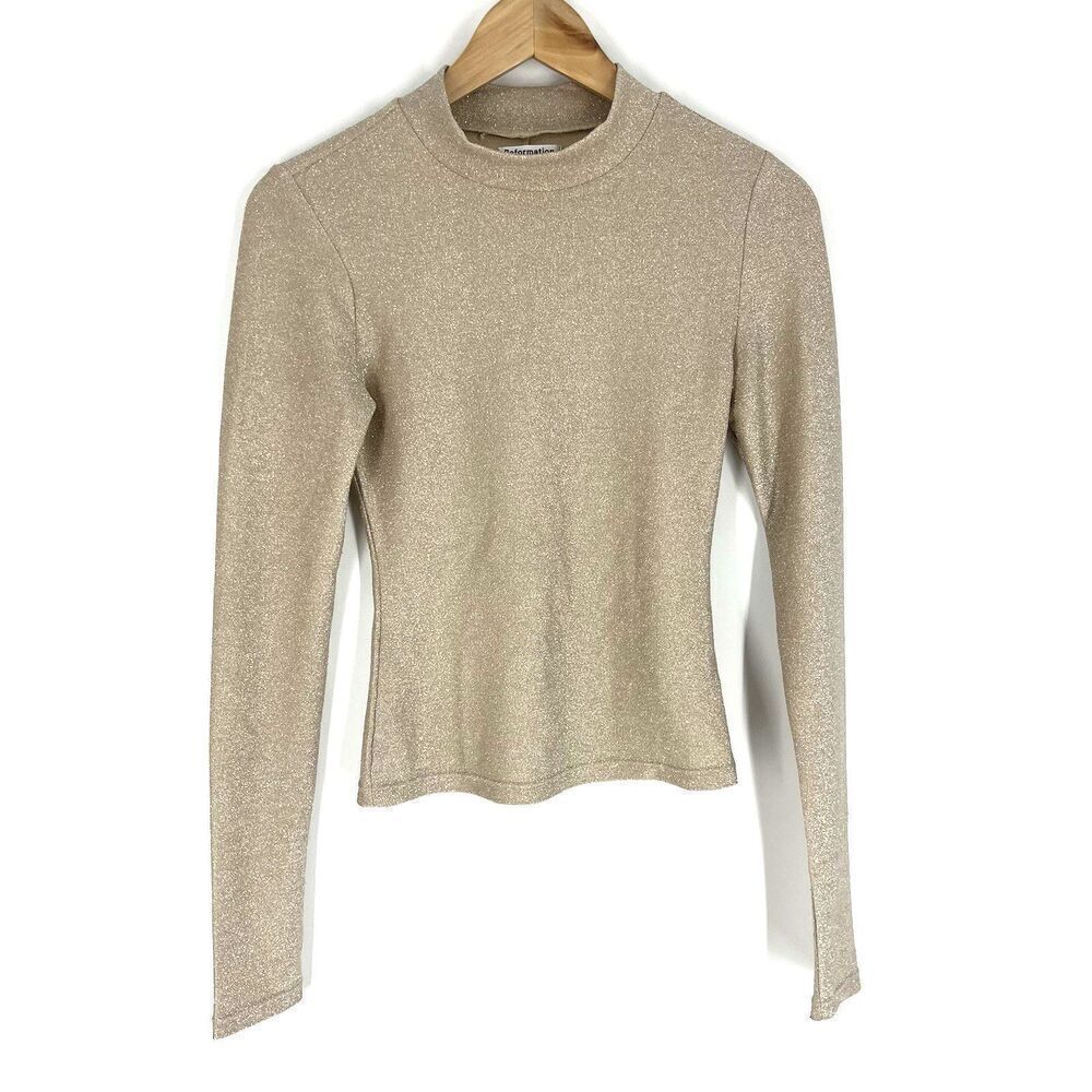 Reformation Junie Mock Neck Top Size XS Gold Sparkle Party Holiday Glitter Shirt